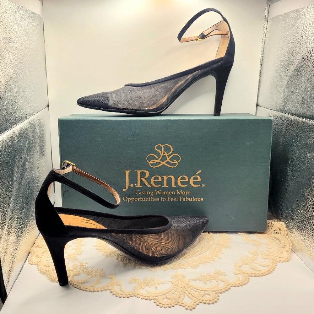 J Renee Black Suede Mesh 9.5M Ankle Strap High Heel!